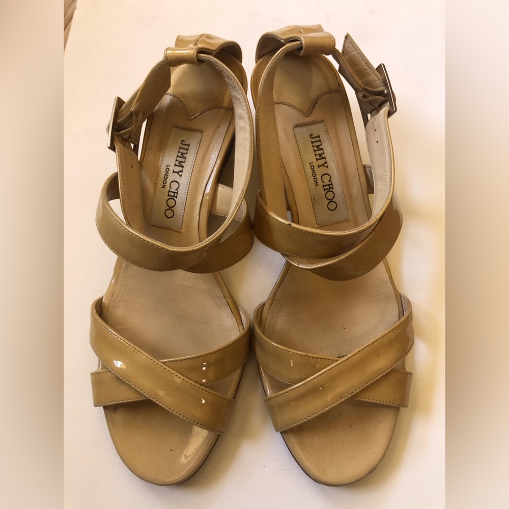 Jimmy Choo Patent Nude Tan Light Gold Low Demi Wedge Sandal Shoes Connor 37.5